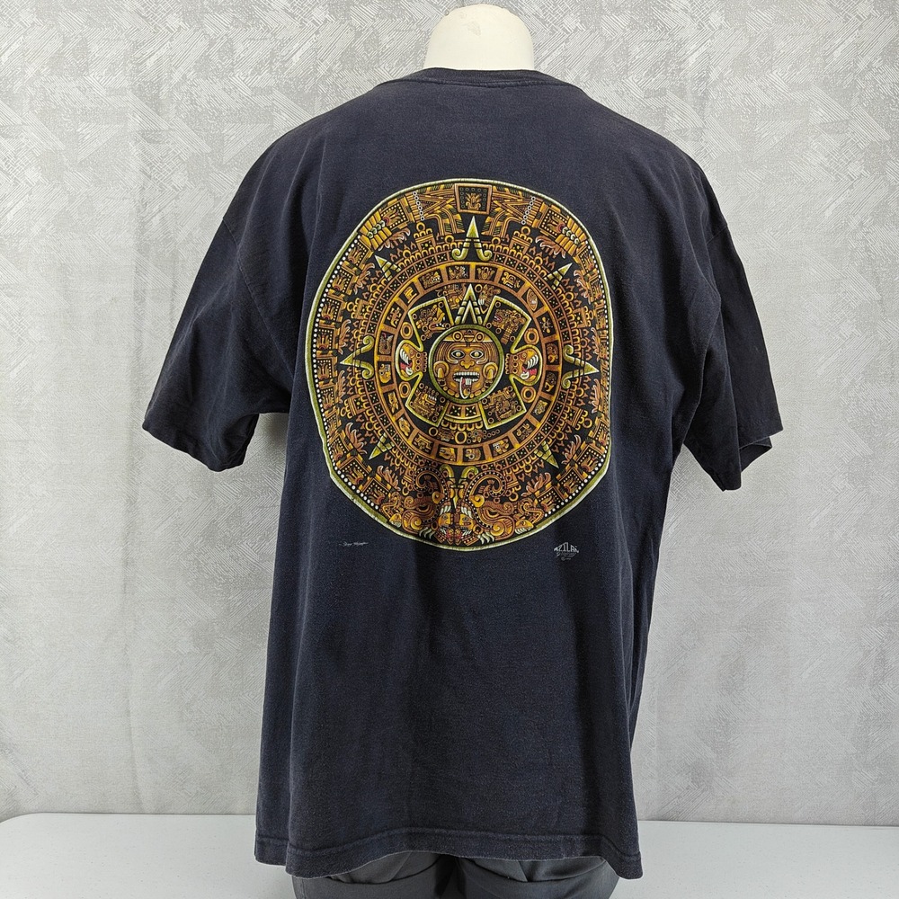 Vintage 90s Aztlan Shirt Mens XXL 2XL Black Aztec Calendar Chicano Lowrider Raza